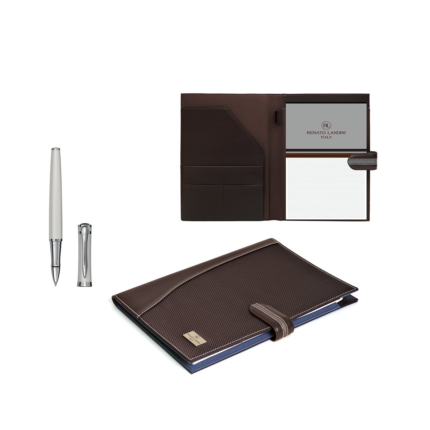 RENATO LANDINI Gift Set: Brown Leather & Fabric A5 Folder + Pen