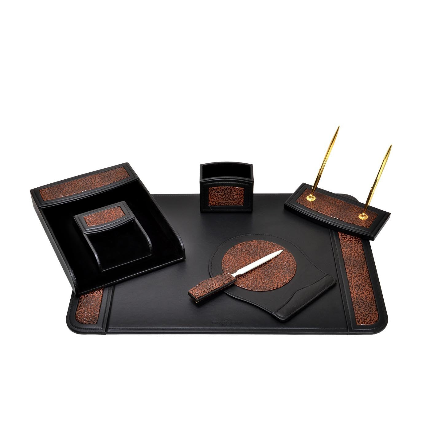 RENATO LANDINI Black & Brown Leather Desk Set 7pc/ Around