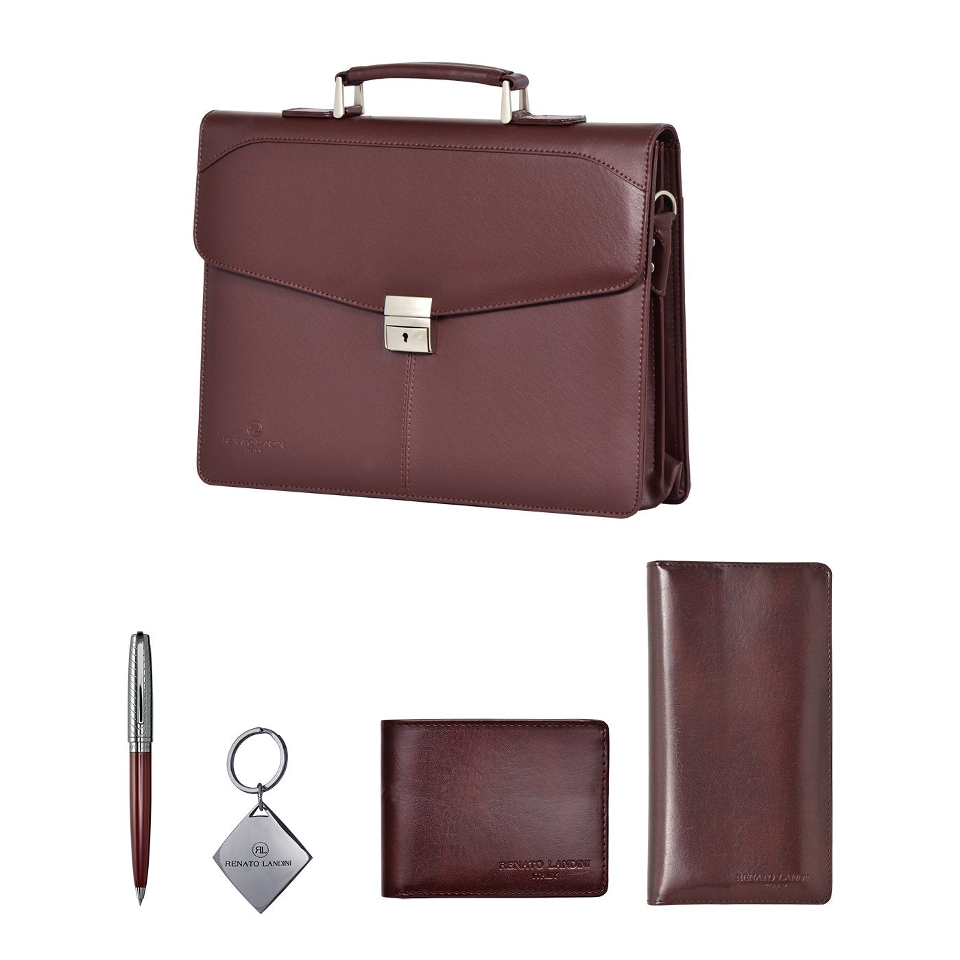RENATO LANDINI Gift Set: Brown Leather Bag + Pen + Men's Wallet + Travel Wallet + Key Holder